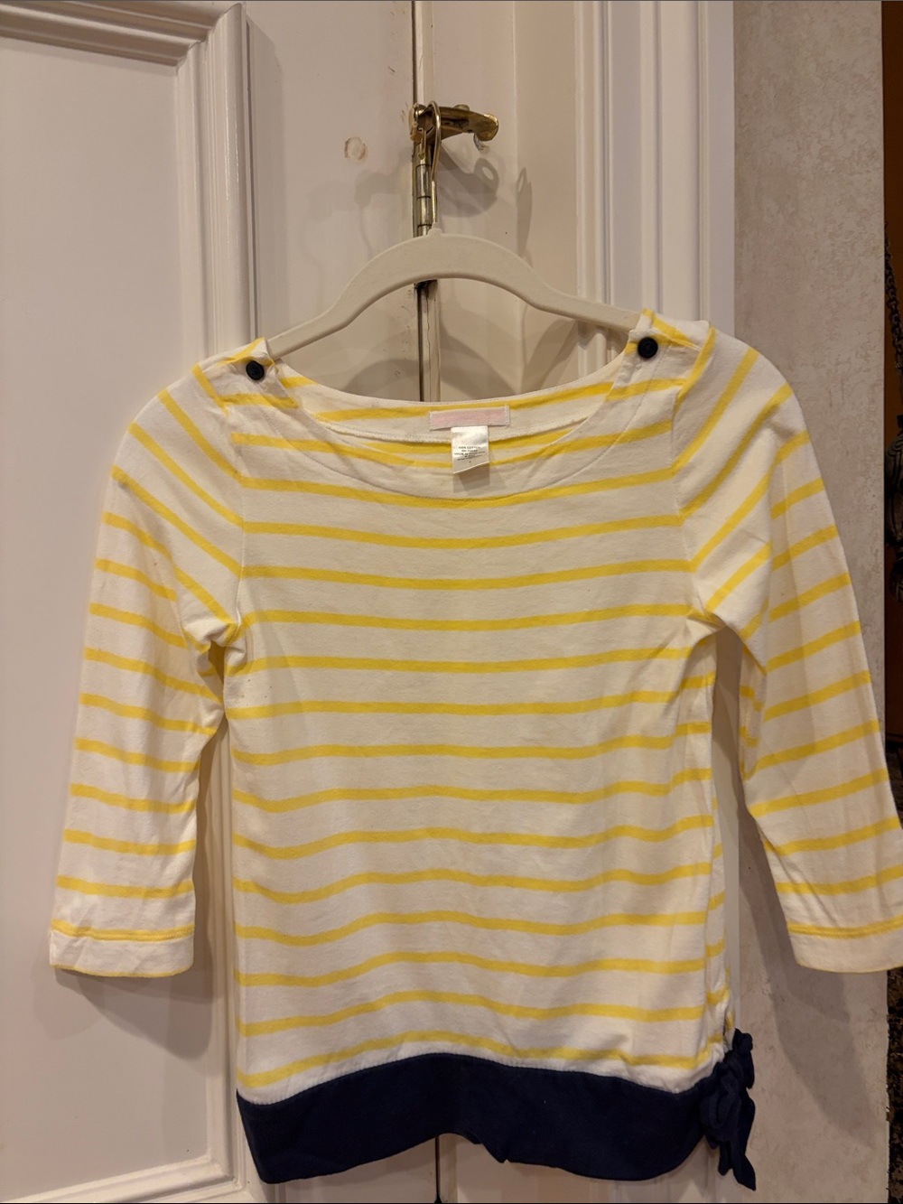 Janie and Jack White and Yellow Striped Long Sleeve Tee with Navy Trim